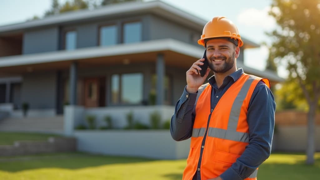 Contractor on a phone call in front of a home with a visible concrete foundation