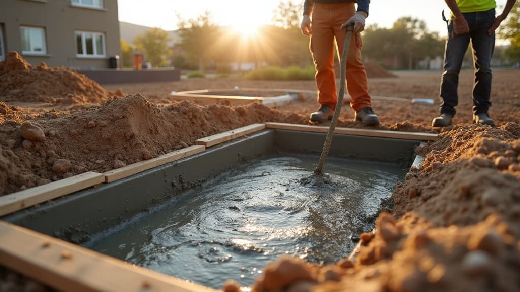Concrete crew pouring a new foundation footer